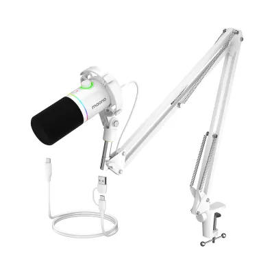 Maono PD200XS Microphone Dynamique XLR/USB Dual Mode avec bras articulé Maono PD200XS microphone dynamique avec connexion XLR et USB, bras articulé blanc