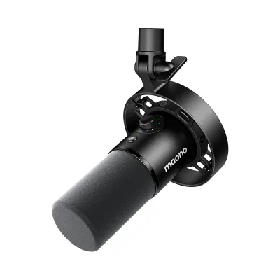 Microphone dynamique Maono PD300X avec connecteurs XLR et USB vue de côté