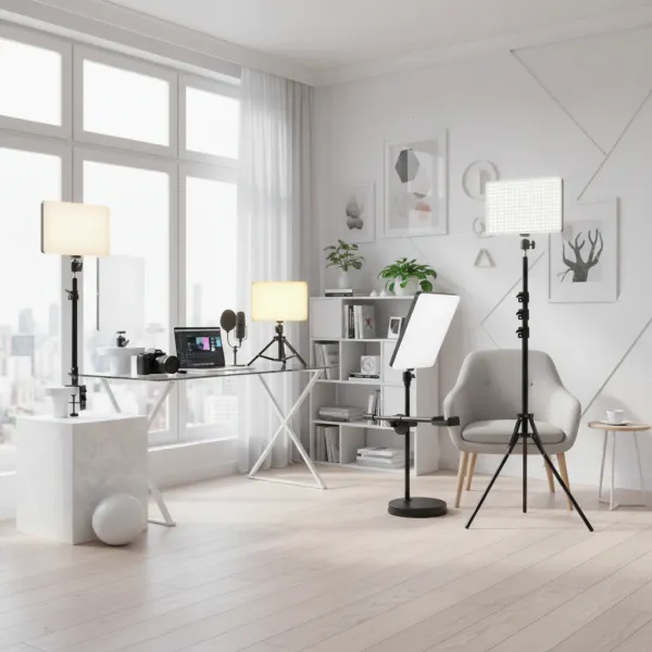 Éclairage LED professionnel avec trépied et télécommande dans un studio moderne