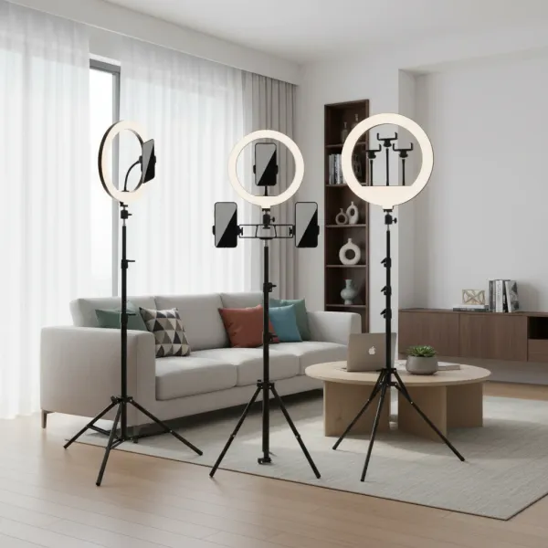 6-14 pouces Ring Light avec 10 niveaux de luminosité et 22 modes, trépied et support pour téléphone et iPad dans un salon moderne