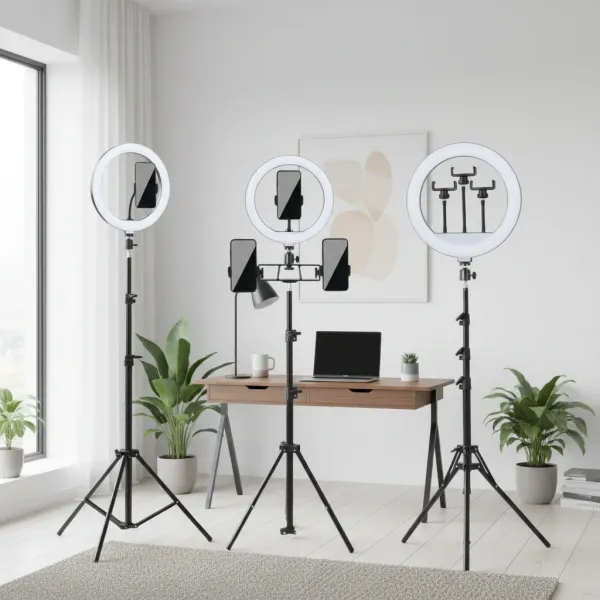 Trois anneaux lumineux professionnels avec support téléphone et trépied dans un bureau moderne