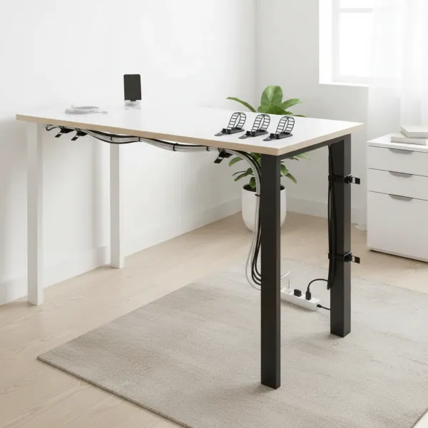 Clip adhésif de gestion de câbles Untoom fixé sous un bureau blanc avec câbles organisés