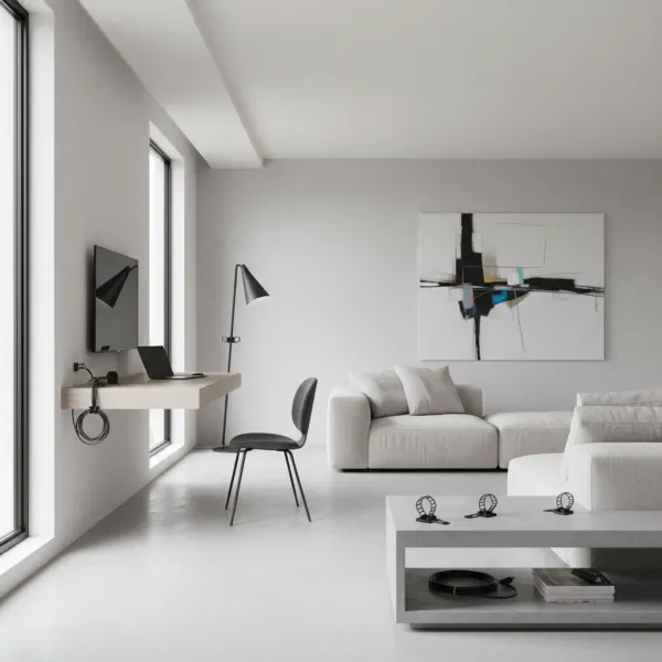 Clip adhésif de gestion de câbles Untoom installé dans un salon moderne avec canapé clair et bureau suspendu