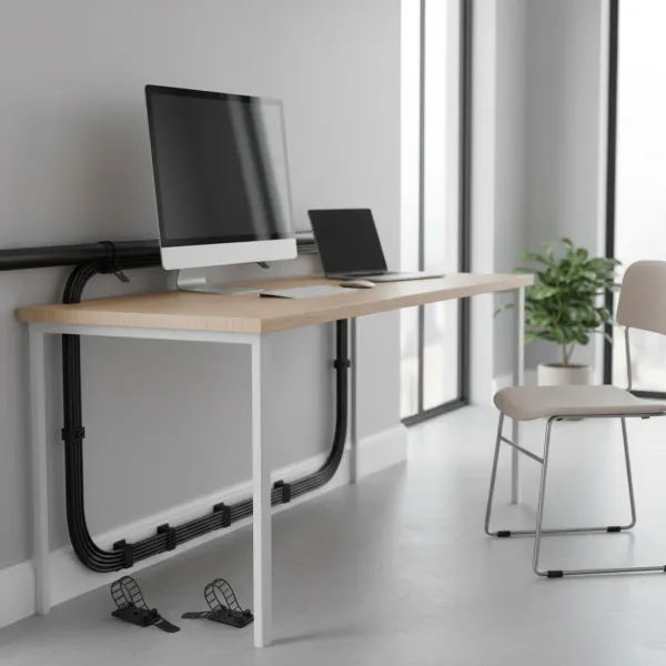 Clip adhésif de gestion de câbles Untoom organisant proprement les câbles sous un bureau moderne