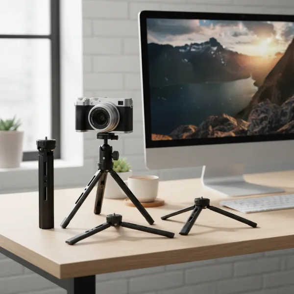 Mini trépied aluminium ERIKOLE pour caméra posé sur une table à côté d'un ordinateur