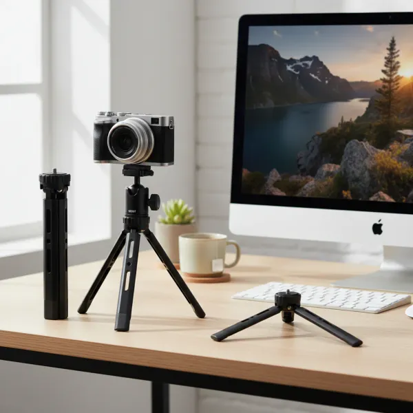 Mini trépied aluminium ERIKOLE pour caméra posé sur une table avec appareil photo et accessoires