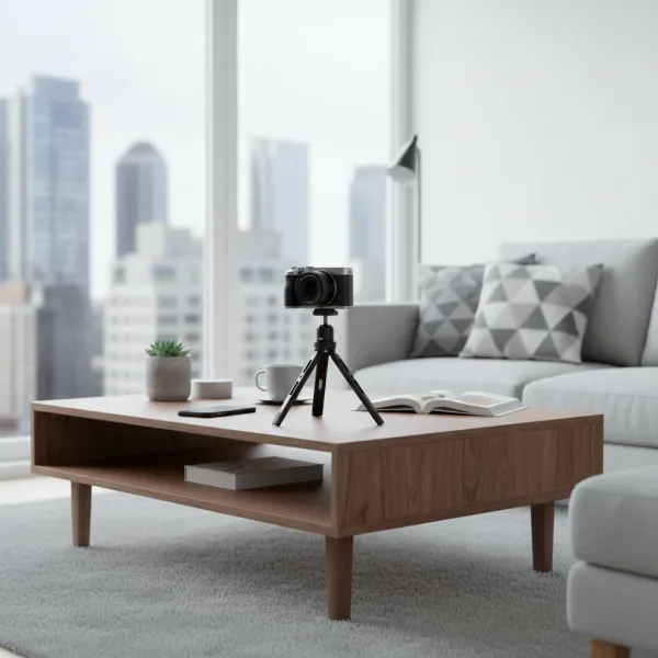 Mini trépied en aluminium ERIKOLE avec caméra sur une table en bois dans un salon moderne