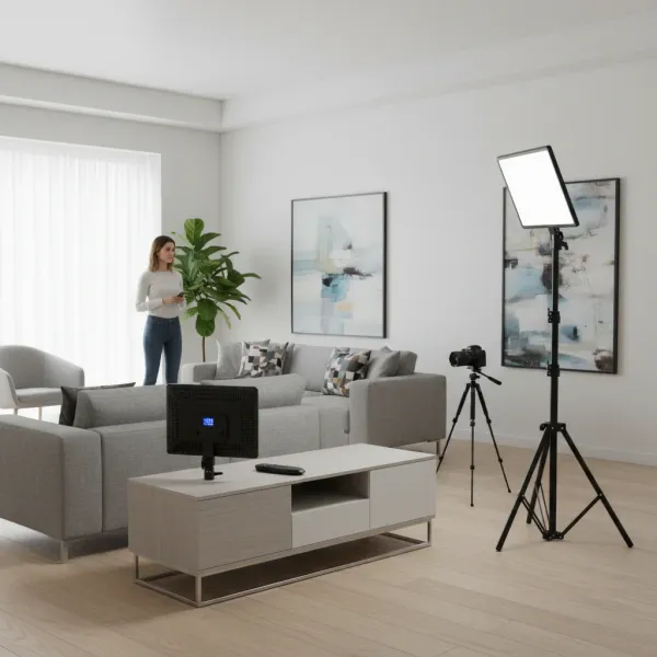 Panneau LED vidéo bi-color 10/14 pouces réglable de 3000K à 6000K sur trépied avec caméra dans un salon moderne