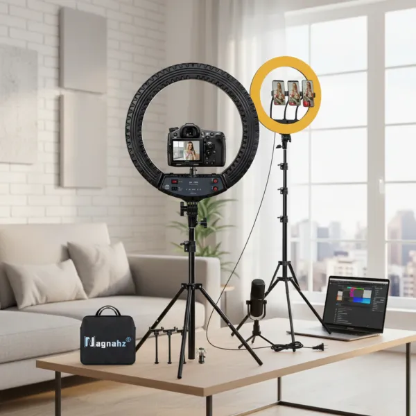 Ring Light 18 pouces avec trépied réglable et sac de transport Nagnahz dans un salon moderne