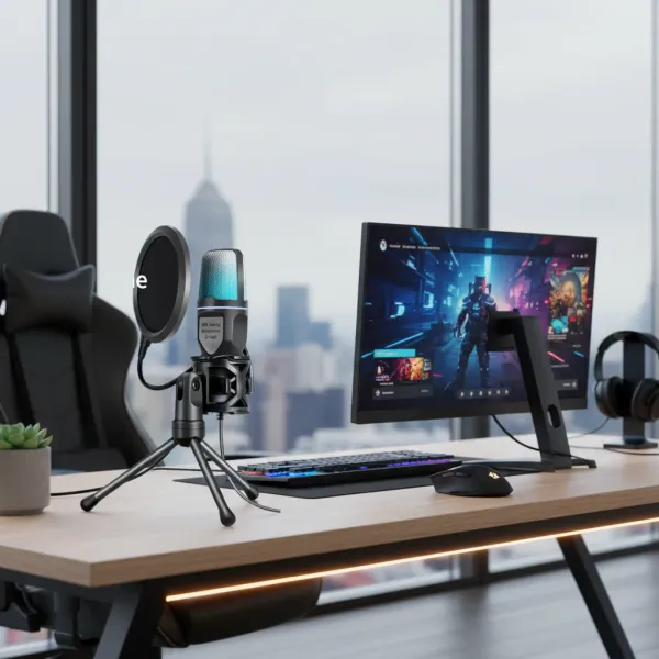 Microphone condensateur professionnel AyeBeau avec support et filtre anti-pop sur bureau avec PC portable et accessoires