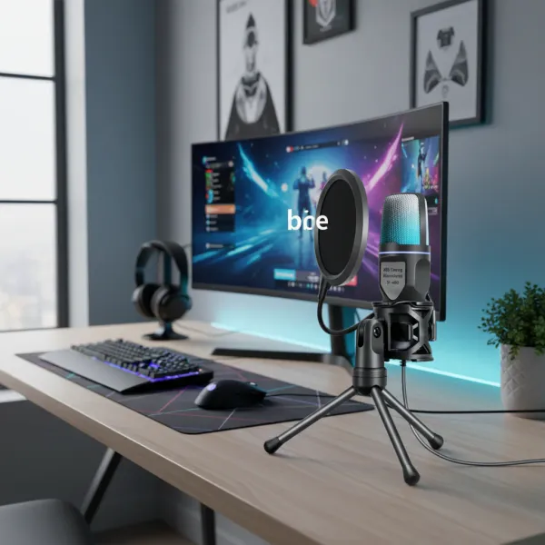 Microphone professionnel à condensateur USB pour PC et laptop avec filtre anti-pop, posé sur un bureau de gaming