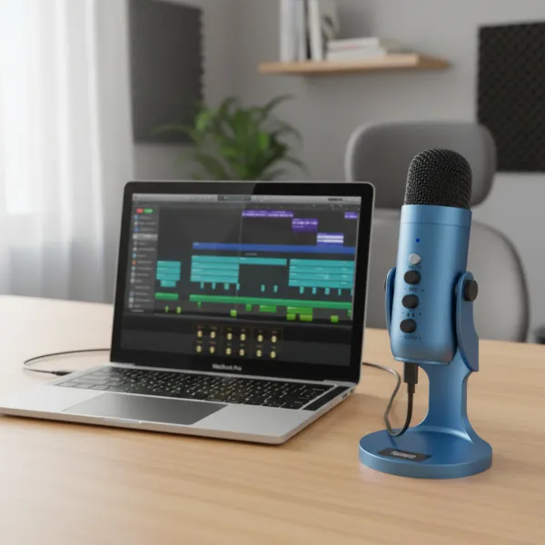 Microphone condensateur USB HAOMUREN bleu placé à côté d’un ordinateur portable pour streaming, podcast et gaming