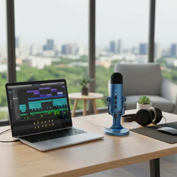 Microphone condensateur USB HAOMUREN bleu sur bureau avec ordinateur portable pour streaming, podcast et gaming