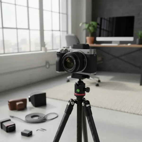 Adaptateur cold shoe en métal fixé sur caméra montée sur trépied en intérieur