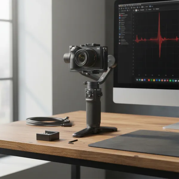 Adaptateur cold shoe en métal portable posé sur un bureau à côté d'un stabilisateur avec caméra