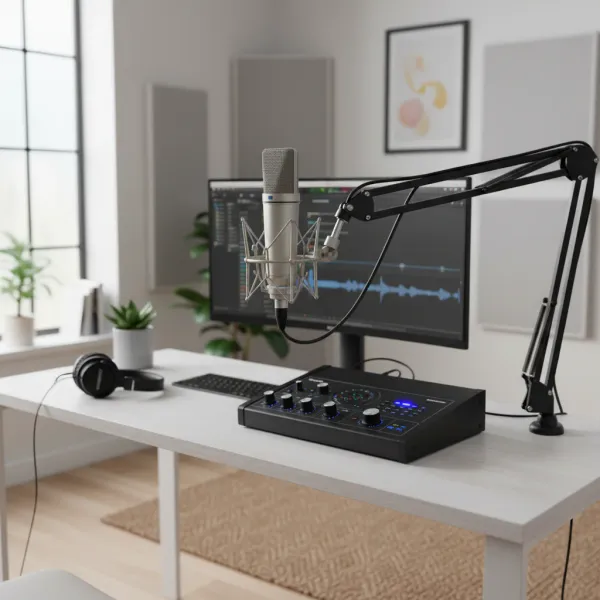 Microphone condensateur métal VuiGue TLM 1 monté sur bras articulé dans un studio d'enregistrement moderne