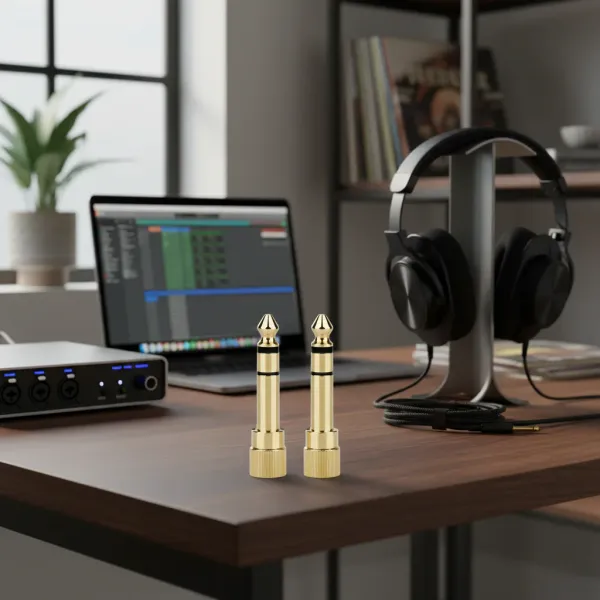 Adaptateur jack 6,35 mm vers 3,5 mm HEDANP doré sur bureau avec casque et ordinateur