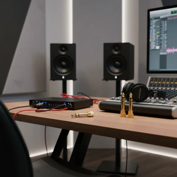 Adaptateur jack 6,35 mm vers 3,5 mm HEDANP en métal doré posé sur un bureau d'enregistrement audio