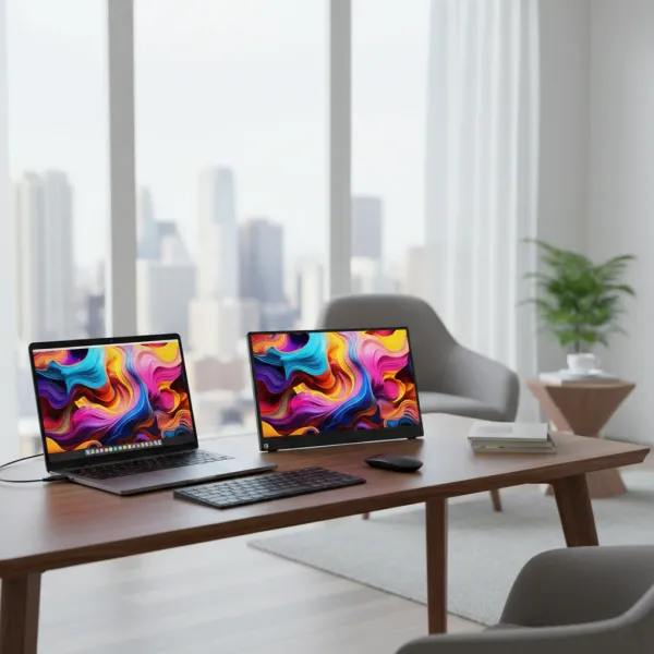 Support d'écran réglable EVICIV VESA 75x75 pour moniteurs 7 à 17,3 pouces posé sur une table avec un ordinateur portable