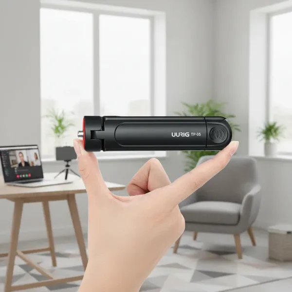 Mini trépied pliable EHANG noir tenu entre deux doigts en intérieur bureau