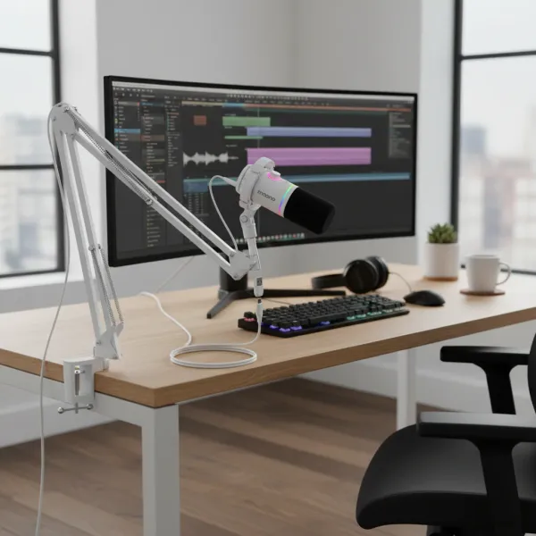 Microphone Maono PD200XS dynamique avec connexion XLR et USB en mode dual posé sur un bras articulé sur un bureau avec un écran d'ordinateur, clavier et casque