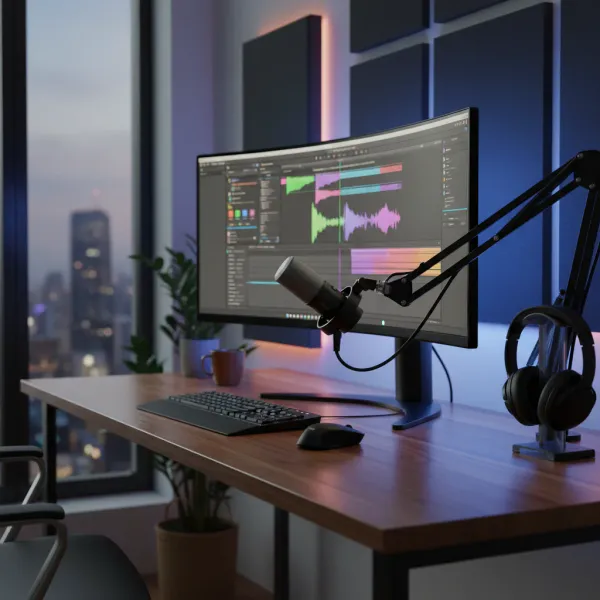 FIFINE K688 Microphone dynamique XLR/USB avec monitoring temps réel — qualité audio professionnelle Microphone FIFINE K688 dynamique XLR/USB avec monitoring en temps réel installé sur un bras articulé devant un écran d'ordinateur