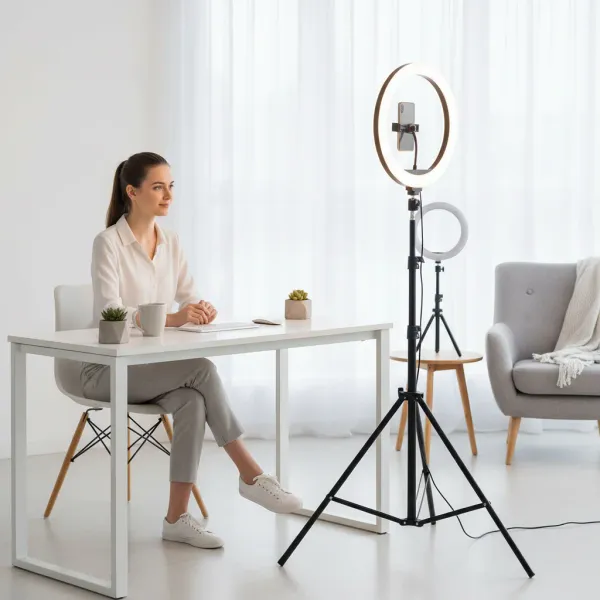 Ring Light RGB 8/10 pouces avec trépied et support smartphone - Éclairage professionnel pour photo et vidéo Ring Light RGB 8/10 pouces avec trépied et support smartphone placé devant une femme assise à un bureau, éclairage lumineux uniforme