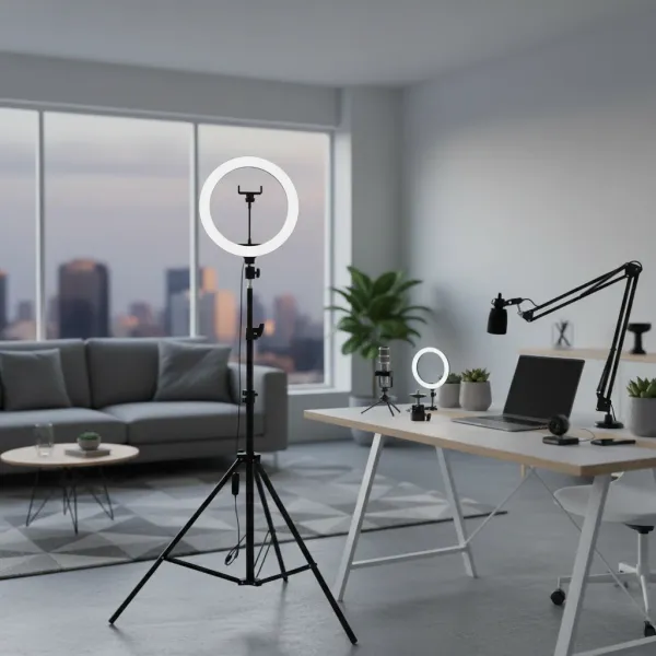 Ring Light RGB 8/10 pouces avec trépied et support smartphone - éclairage photo et vidéo Ring Light RGB 8/10 pouces avec trépied et support smartphone en studio professionnel