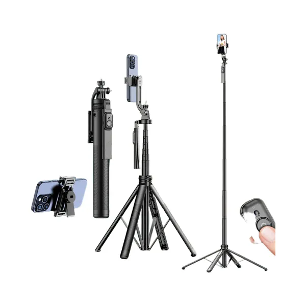 Tripod pour smartphone et appareil photo TOKQI en aluminium avec télécommande Bluetooth montrant différentes configurations et usages