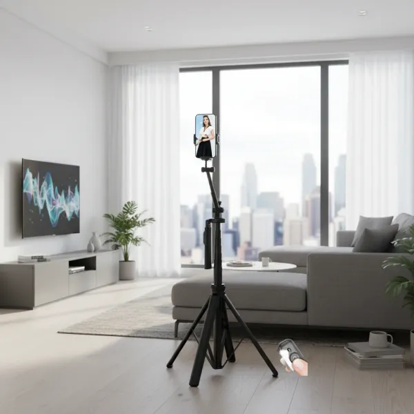 Trépied aluminium TOKQI avec smartphone fixé et télécommande Bluetooth dans un salon moderne