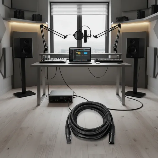 Câble XLR Mâle-Femelle BSN de 10 mètres sur le sol d'un studio d'enregistrement moderne