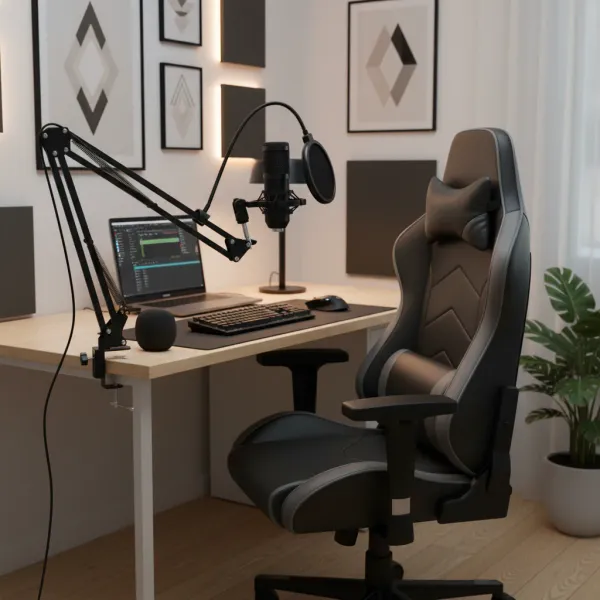 Microphone studio professionnel avec bras articulé et antichoc métallique installé sur un bureau moderne