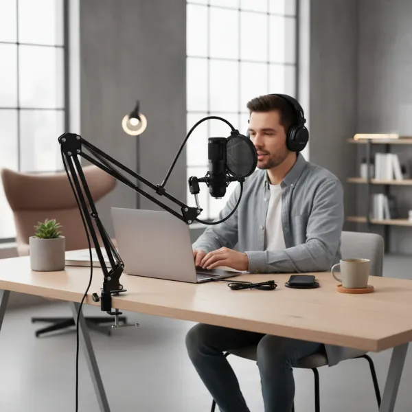 Microphone studio professionnel avec bras articulé et antichoc métallique utilisé par un homme avec casque pour enregistrement en direct
