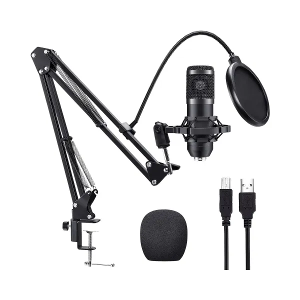 Microphone studio professionnel avec bras articulé, antichoc métallique, filtre anti-pop et câble USB