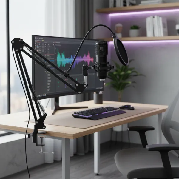 Microphone studio professionnel avec bras articulé et antichoc métallique installé sur un bureau d'enregistrement