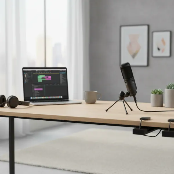 AT2020USB+ microphone cardioïde à condensateur USB pour podcast et enregistrement Microphone cardioïde à condensateur USB AT2020USB+ sur bureau avec ordinateur portable en arrière-plan