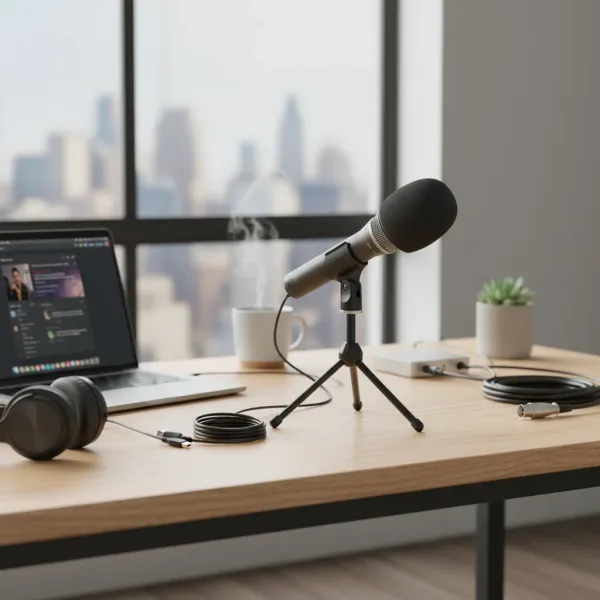 Samson Q2U Microphone Dynamique USB & XLR - Son Professionnel pour Enregistrement et Podcast Samson Q2U microphone dynamique USB et XLR installé sur un bureau avec ordinateur et casque