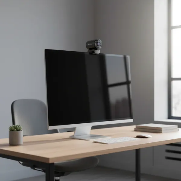 Webcam 4K autofocus EMEET S600 montée sur un écran d'ordinateur avec trépied à côté