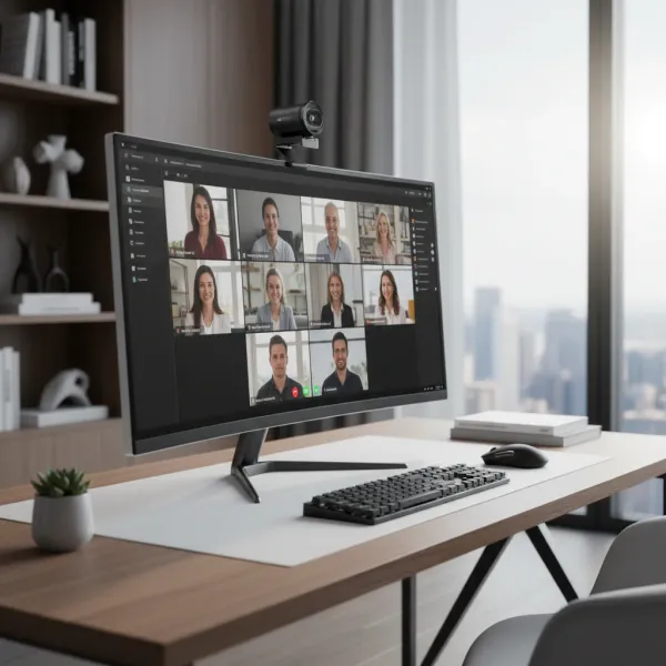Webcam 4K Autofocus EMEET S600 avec trépied sur écran écran d'ordinateur en visioconférence