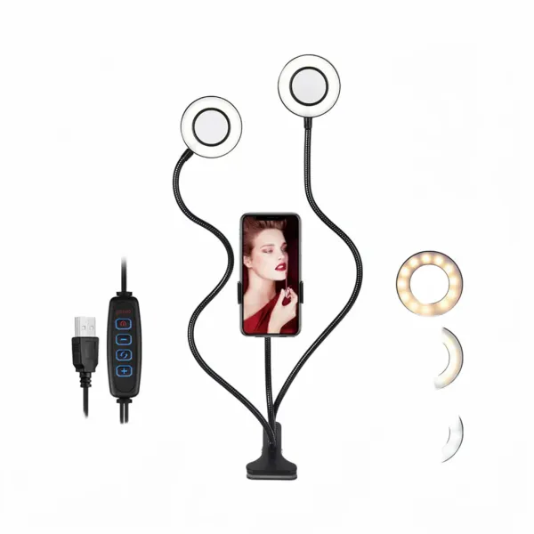 Anneau lumineux LED double KUALOOL avec trépied flexible USB, dimmable, et support téléphone