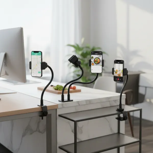 Support Téléphone Flexible avec Anneau Lumineux SZKOSTON - Fixation Bureau Ajustable Support téléphone flexible SZKOSTON avec anneau lumineux tenant plusieurs smartphones fixés à un bureau moderne