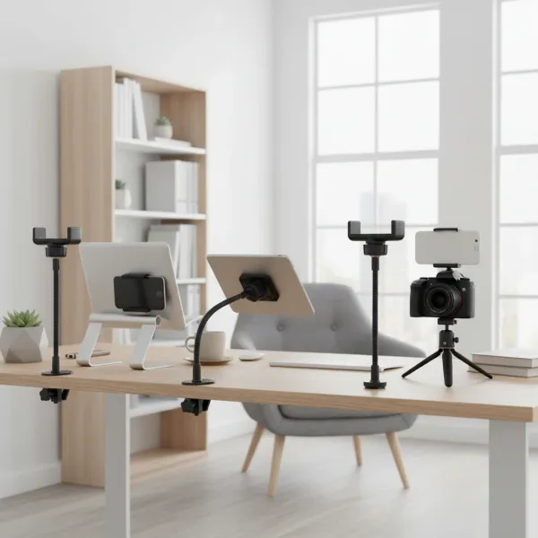 Support Téléphone Flexible avec Anneau Lumineux SZKOSTON - Support de bureau ajustable Support téléphone flexible avec anneau lumineux SZKOSTON fixé sur un bureau moderne