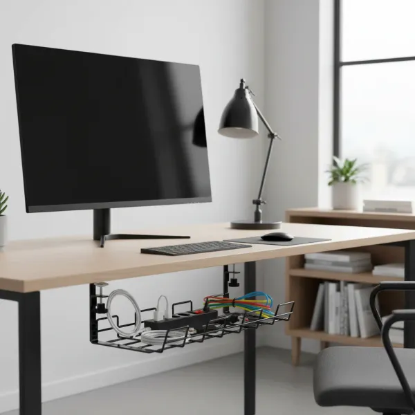 Organisateur de câbles métallique fixé sous bureau avec multiprise et câbles