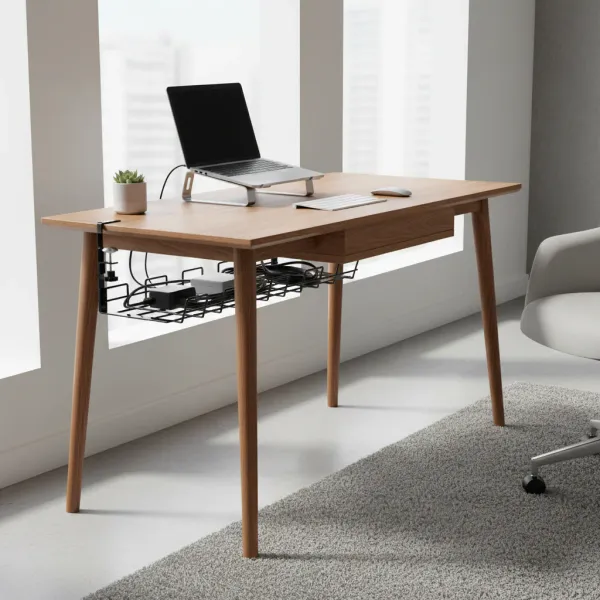 Boîte de gestion de câbles sous bureau en métal noir avec câbles organisés