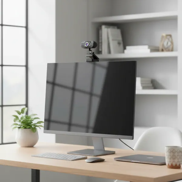 Webcam Full HD 1080p 60fps DIWROLY avec micro intégré et trépied pour visioconférence et streaming Webcam Full HD 1080p 60fps DIWROLY avec micro intégré fixée sur un écran d'ordinateur