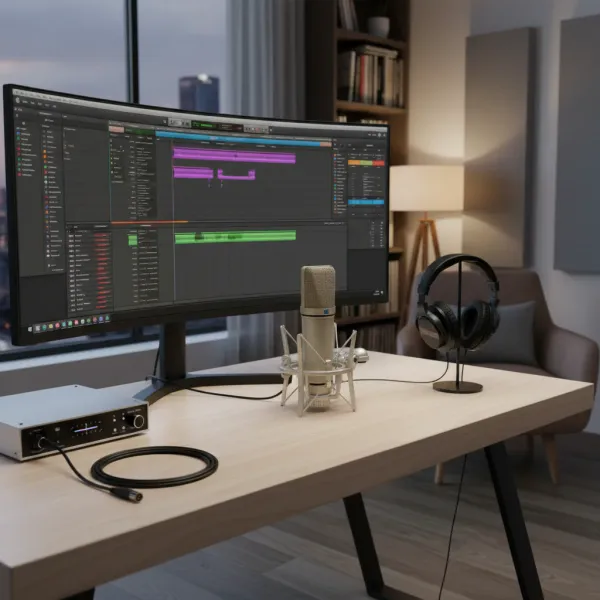 Microphone condensateur cardioïde LEUS U87 AI avec interface audio et casque sur bureau de studio