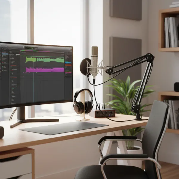 Microphone condensateur cardioïde LEUS U87 AI XLR monté sur support de bras avec casque audio sur bureau