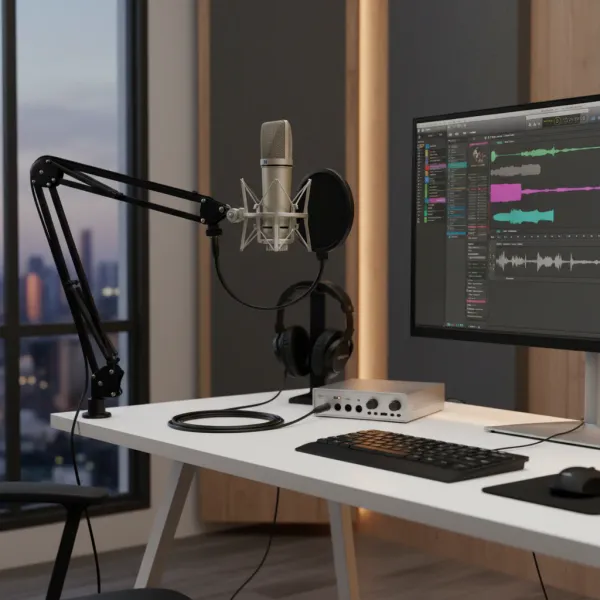 Microphone LEUS U87 AI XLR condensateur cardioïde monté sur bras articulé en studio d'enregistrement