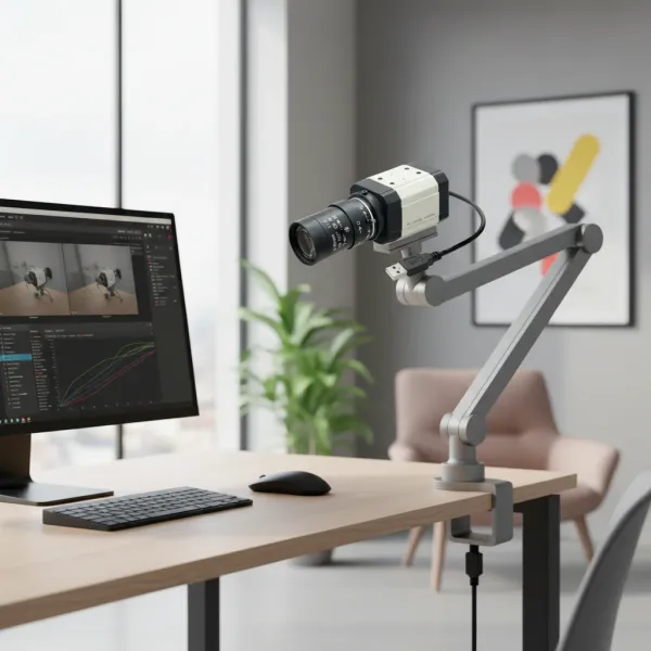 Webcam 2K Full HD SU100-MB avec bras articulé pour vidéo de haute qualité Webcam 2K Full HD SU100-MB montée sur bras articulé avec connexion USB sur bureau moderne