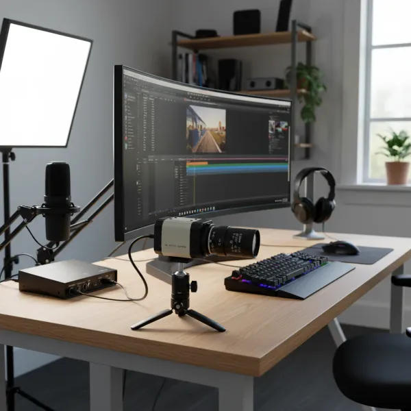 Webcam 2K Full HD SU100-MB - Qualité vidéo supérieure pour streaming et visioconférence Webcam 2K Full HD SU100-MB installée sur bureau avec micro, clavier et moniteur incurvé